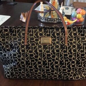 Calvin Klein Black Monogram Tote with Brown Handles